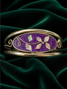 Vintage ME 925 Sterling Silver Purple Enamel Flower Cuff Bangle Bracelet - Prist
